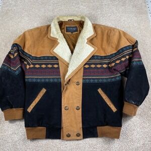 Tuskany Mens Large Genuine Leather Southwestern Suede Bomber Jacket Shearling L